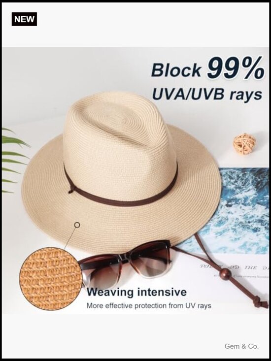 Wide Brim Straw Sun Hat with Chin Strap UPF 50+ Packable for Beach main image 6